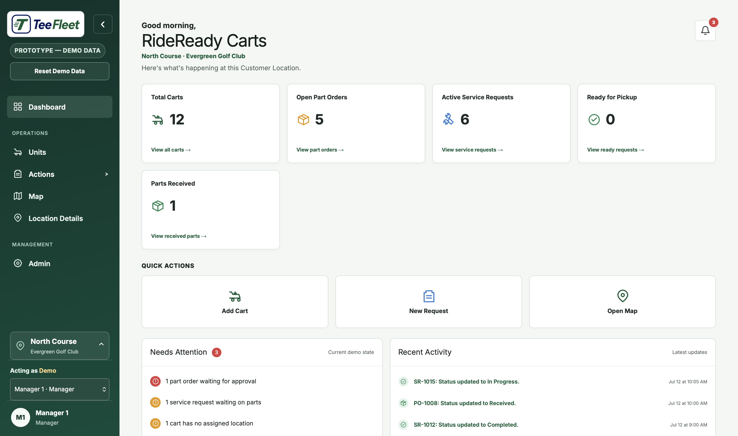 TeeFleet dashboard showing cart inventory, service requests, part orders, quick actions, and items needing attention.